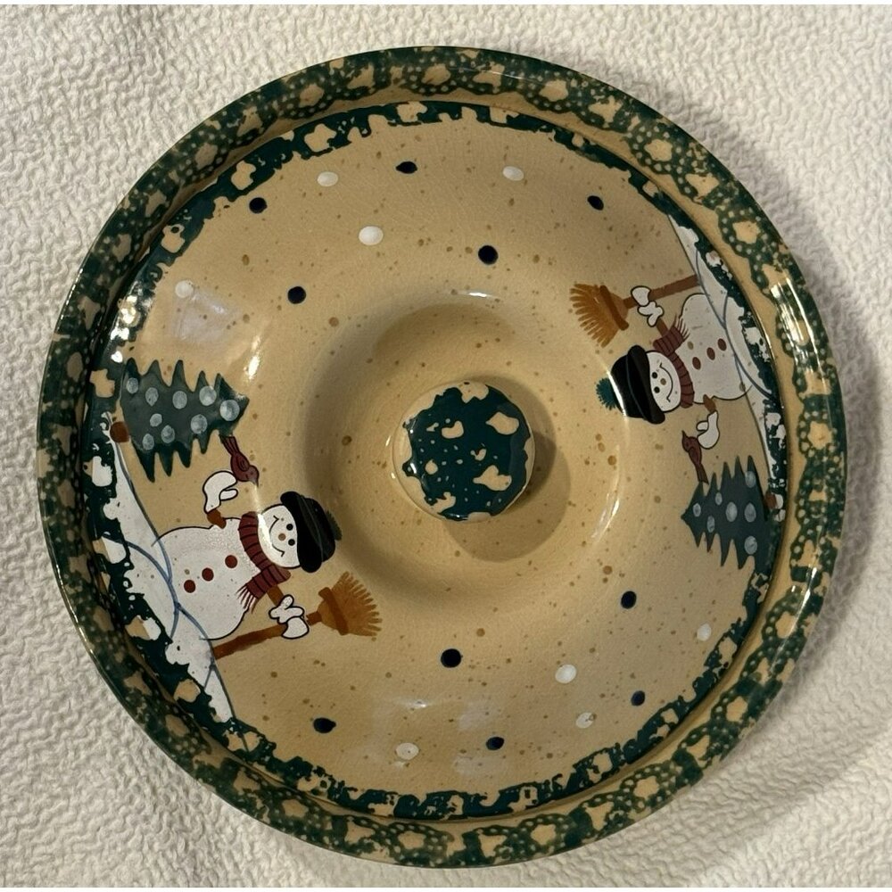 Snowman Christmas covered dish stoneware country primitive rustic winter 9 Inch